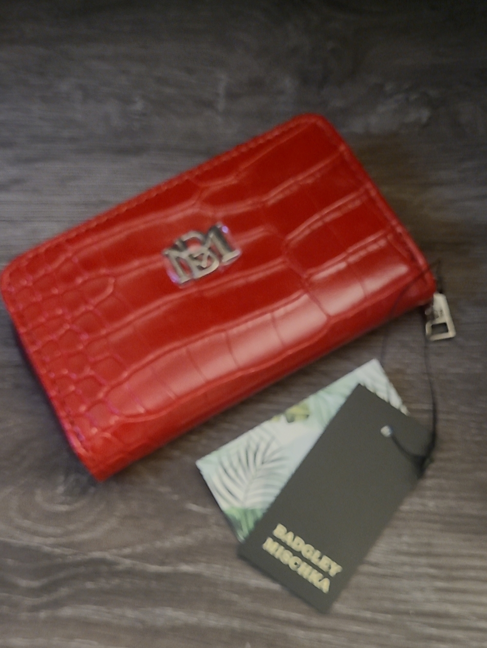 Badgley Mischka Red Croc-Embossed Zip Coin And Card Wallet